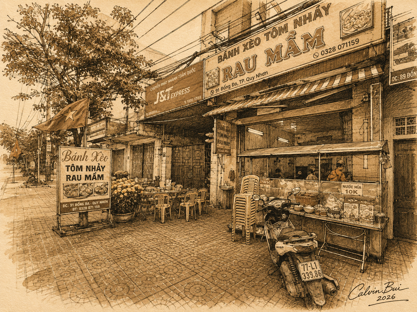 Hand-drawn sepia urban sketch of Bánh Xèo Tôm Nhảy Rau Mầm in Quy Nhơn, showing the storefront sign, sidewalk tables, Vietnamese flags, scooter, street cart, and coastal city atmosphere.