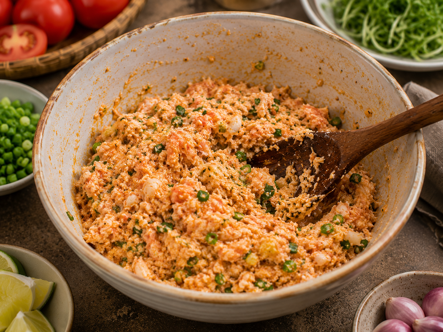 Crab riêu mixture for bún riêu being stirred in a ceramic bowl with scallions, tomatoes, herbs, lime, and shallots nearby.
