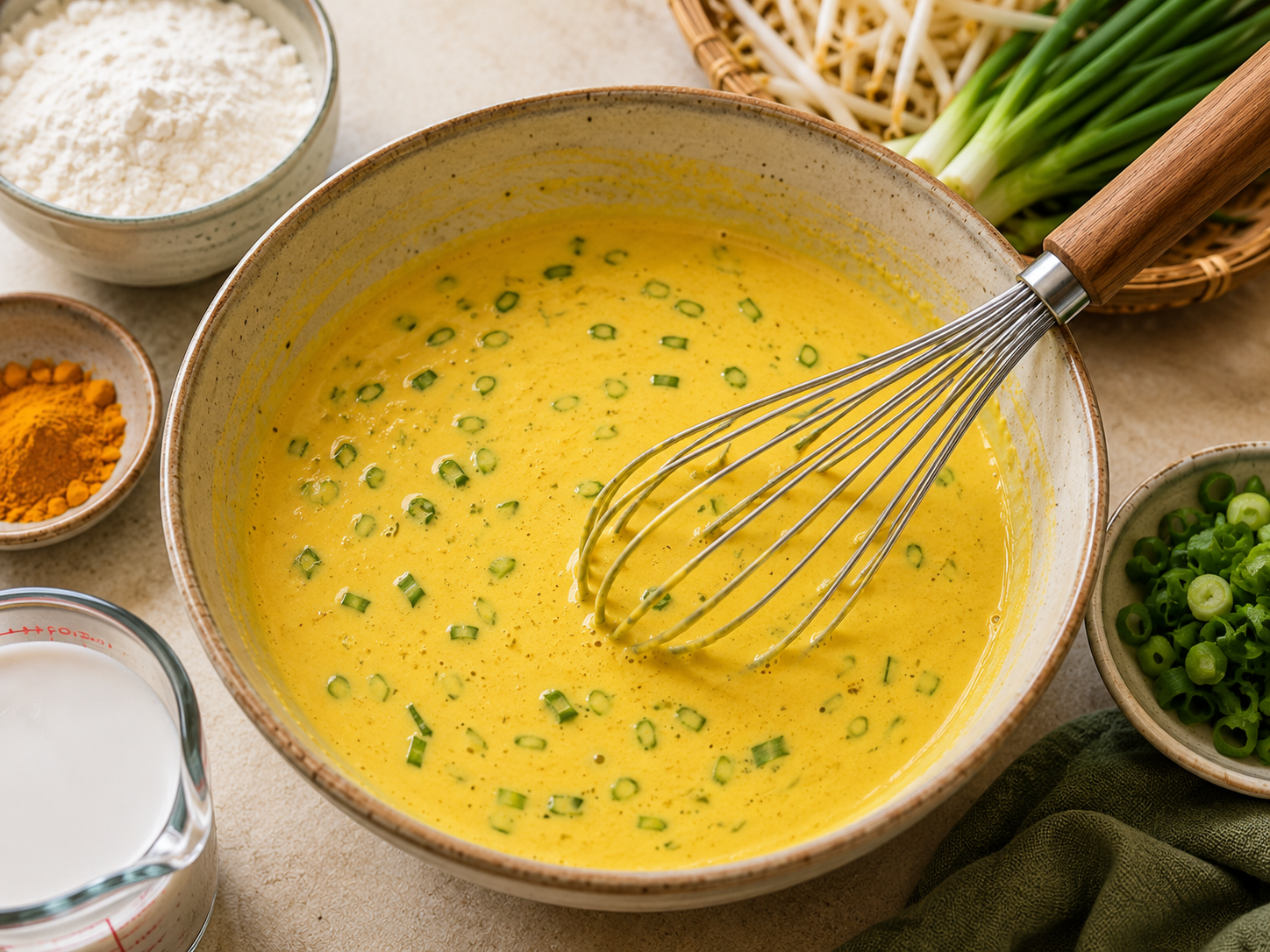 Turmeric rice flour batter for bánh xèo being mixed with coconut milk and scallions in a ceramic bowl.