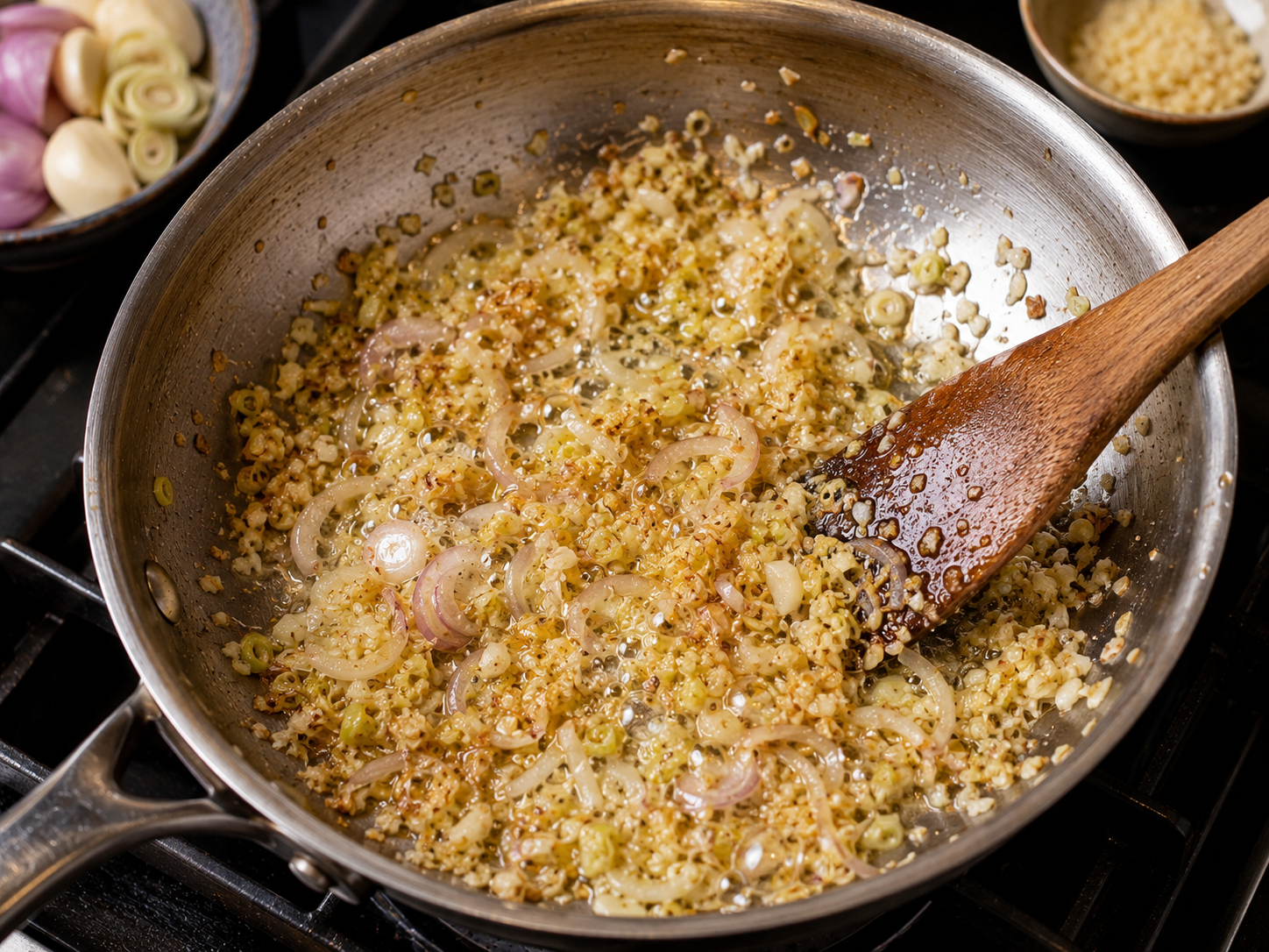 Minced lemongrass, garlic, and shallots frying in oil to flavor the broth for bún mắm.