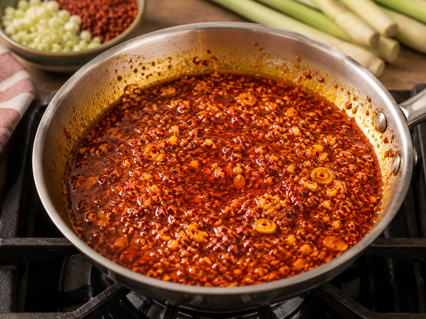 Red chili annatto oil for bún bò Huế cooking in a pan with lemongrass, shallot, garlic, and chili flakes.