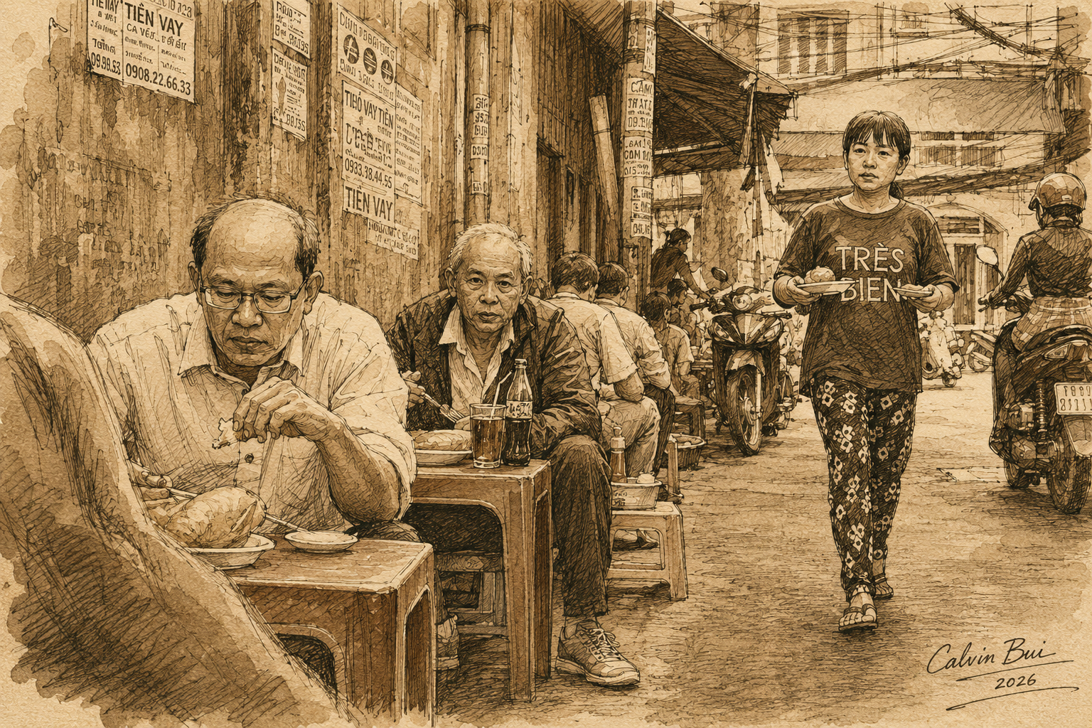 A sepia hand-drawn urban sketch of Bánh Mì Hòa Mã’s alley breakfast scene in Saigon, showing diners at low red tables, a server carrying bánh mì, parked motorbikes, old wall posters, and the lived-in District 3 street atmosphere.