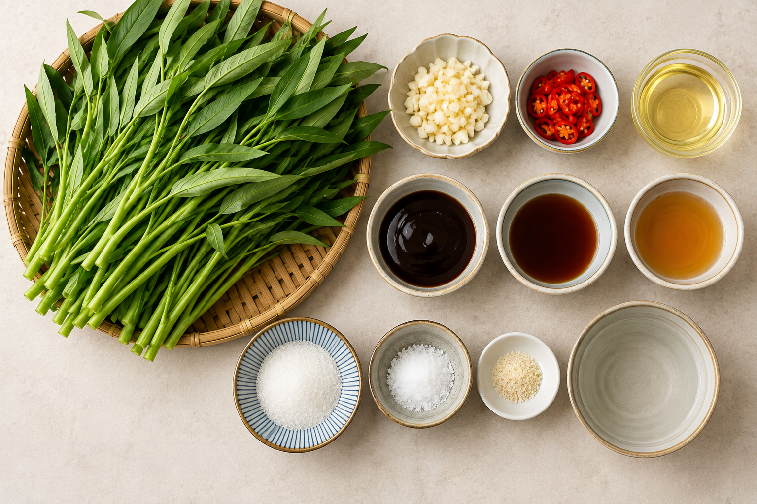 Ingredients for rau muống xào tỏi arranged overhead, including fresh water spinach, chopped garlic, sliced red chili, oyster sauce, fish sauce, cooking oil, sugar, salt, water, and optional MSG.