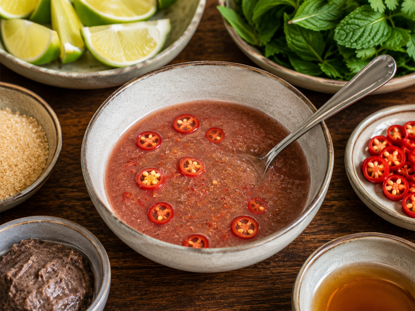 Shrimp paste sauce for Chả Cá Lã Vọng mixed with lime juice, sugar, warm water, hot oil, and sliced red chile.