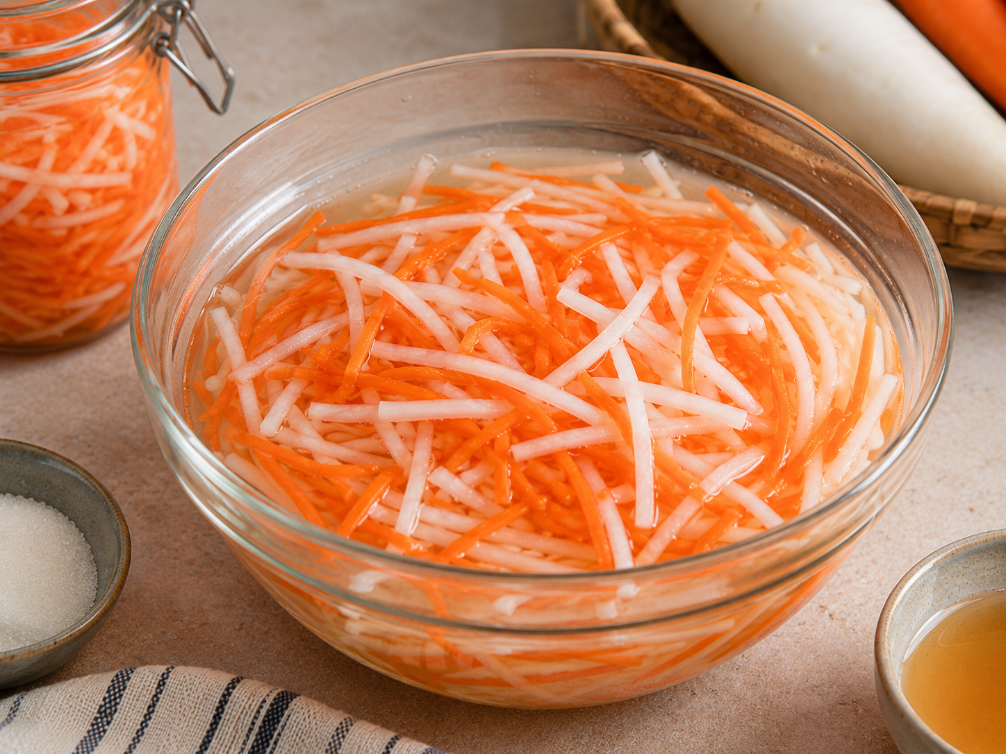 Carrot and daikon matchsticks soaking in vinegar brine for bún thịt nướng.