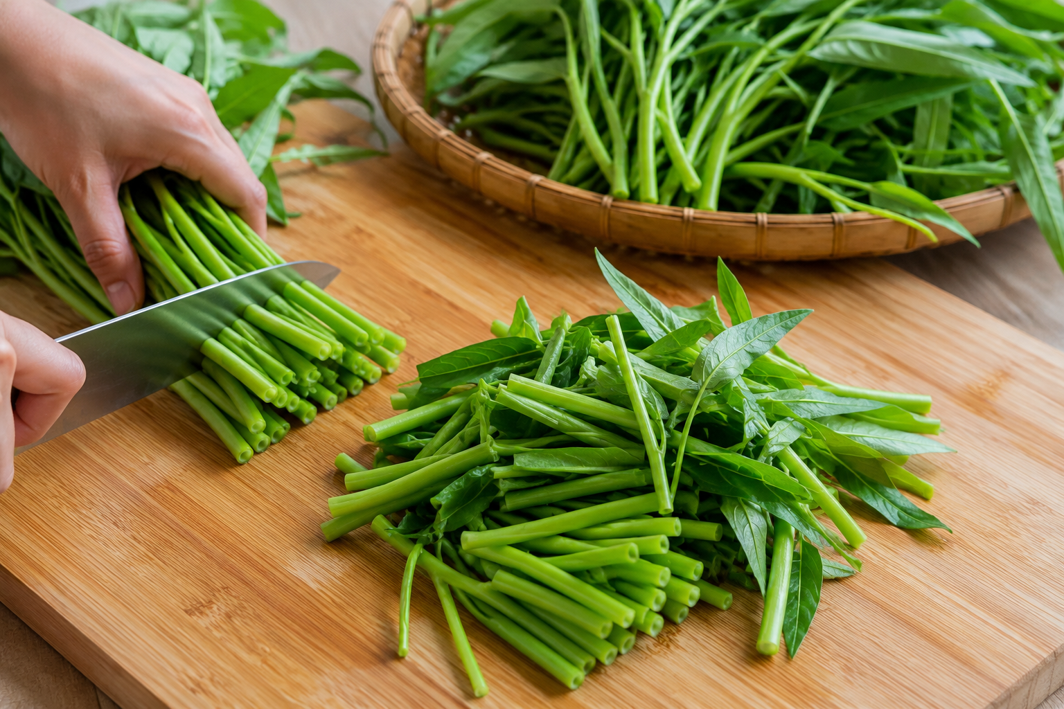 Fresh water spinach being trimmed and cut into short sections on a wooden cutting board for rau muống xào tỏi.
