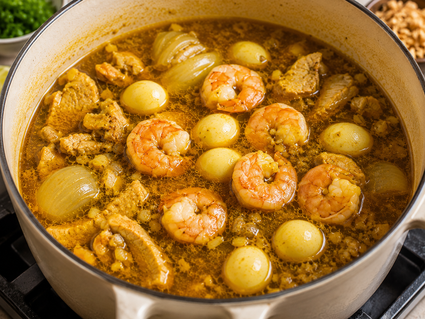 Shrimp and quail eggs cooking gently in golden Mì Quảng broth with pork, onion, turmeric, garlic, and shallots.