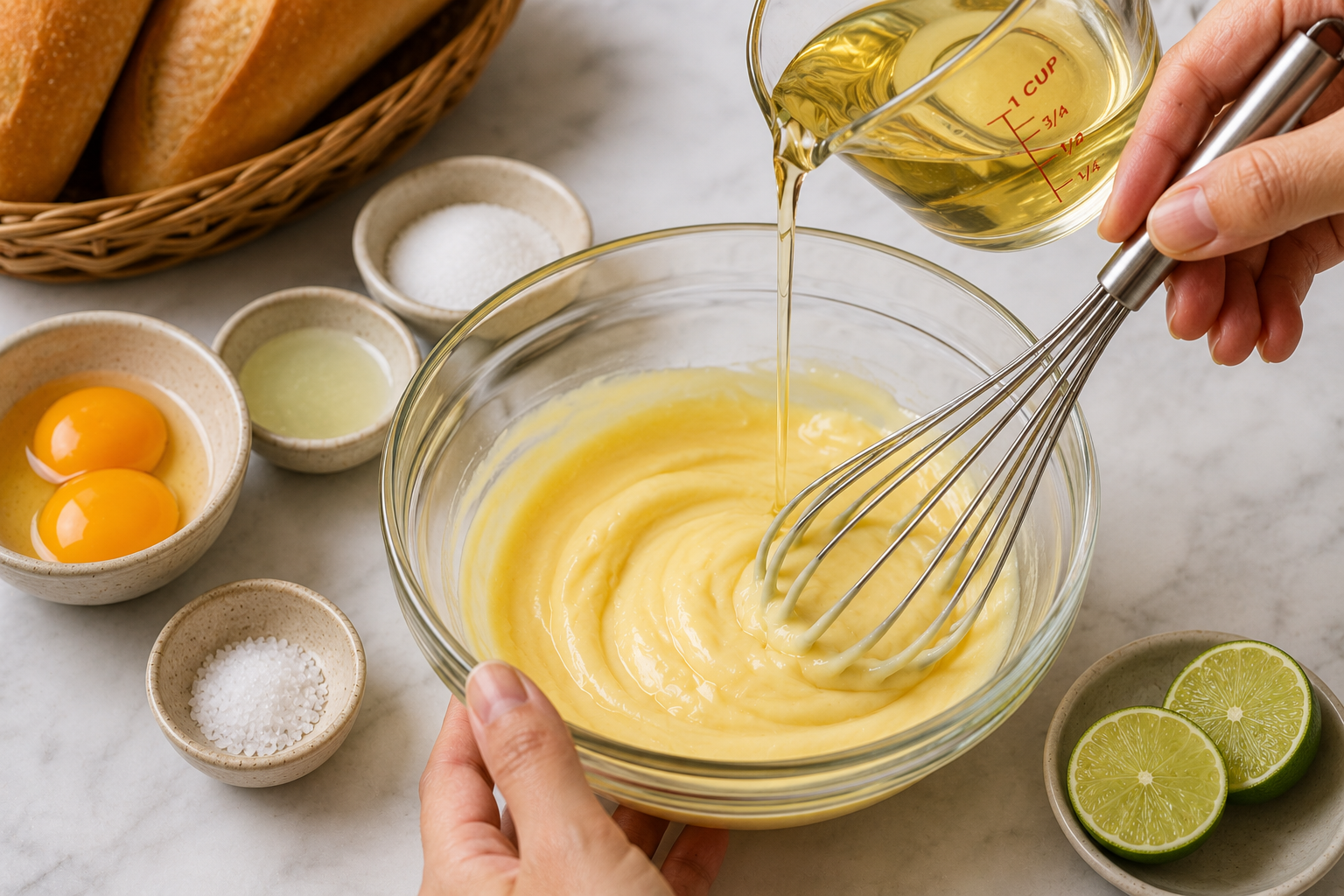 Egg yolks, oil, lime juice, sugar, and salt being whisked into Vietnamese-style mayonnaise for bánh mì thịt nguội.