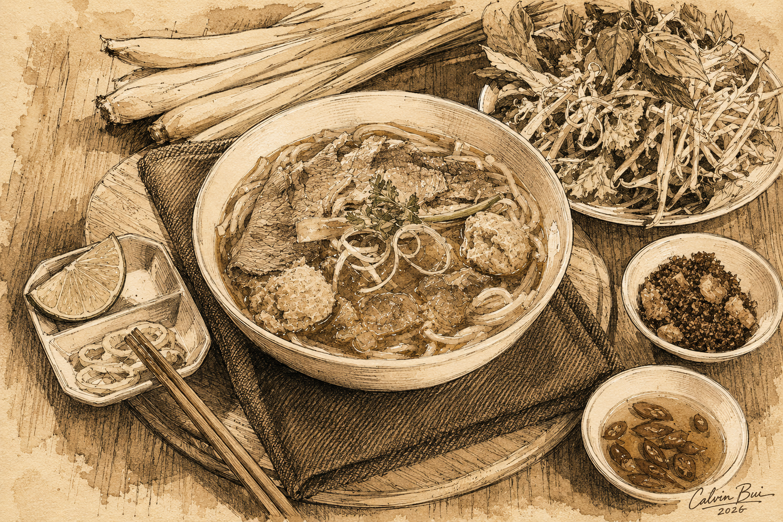 Hand-drawn sepia food sketch of a bowl of bún bò Huế with sliced beef, pork, thick rice noodles, herbs, lime, lemongrass, chili, and fresh vegetables on a wooden table.