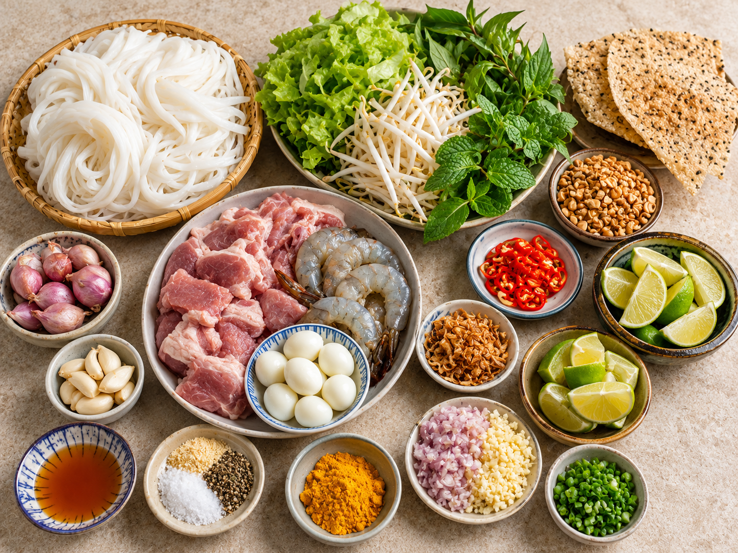 Ingredients for Mì Quảng arranged on a neutral surface, including wide rice noodles, pork, shrimp, quail eggs, turmeric, herbs, peanuts, lime, chili, and sesame rice crackers.