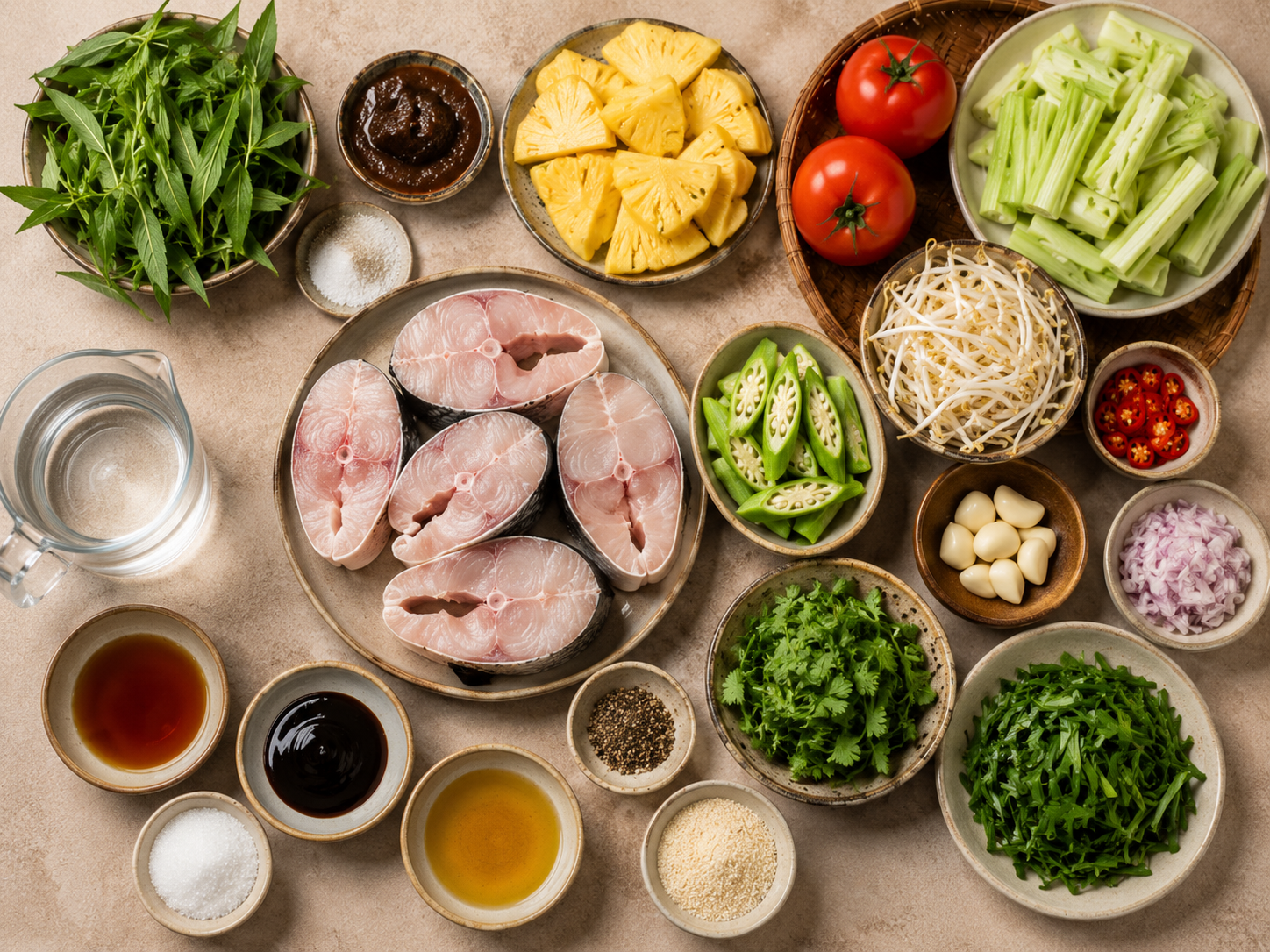 Ingredients for canh chua cá arranged with fish steaks, tamarind, pineapple, tomatoes, okra, elephant ear stems, bean sprouts, fresh herbs, garlic, shallots, chili, fish sauce, sugar, and seasonings.