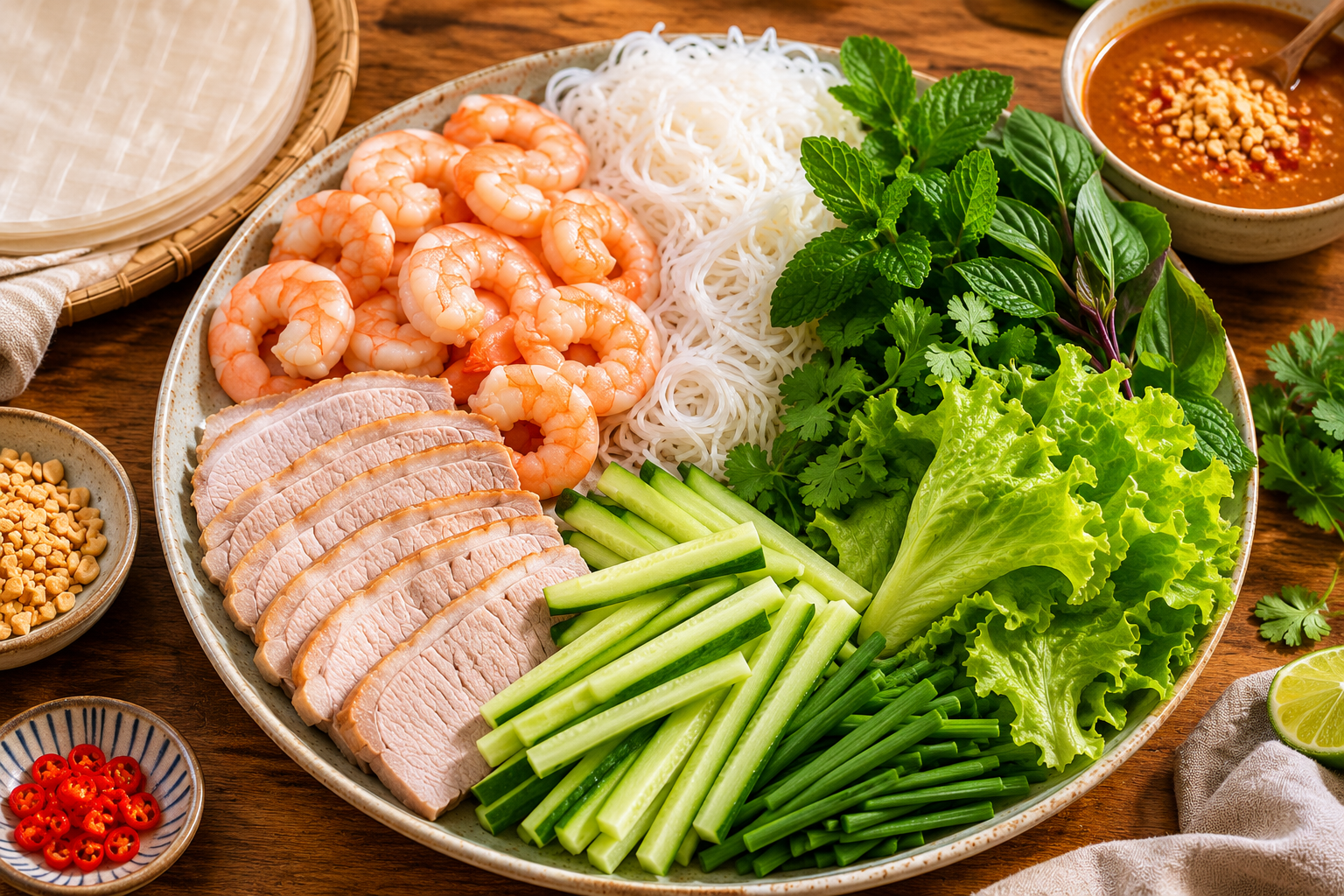 Prepared pork, shrimp, noodles, lettuce, cucumber, and herbs ready for assembling gỏi cuốn.