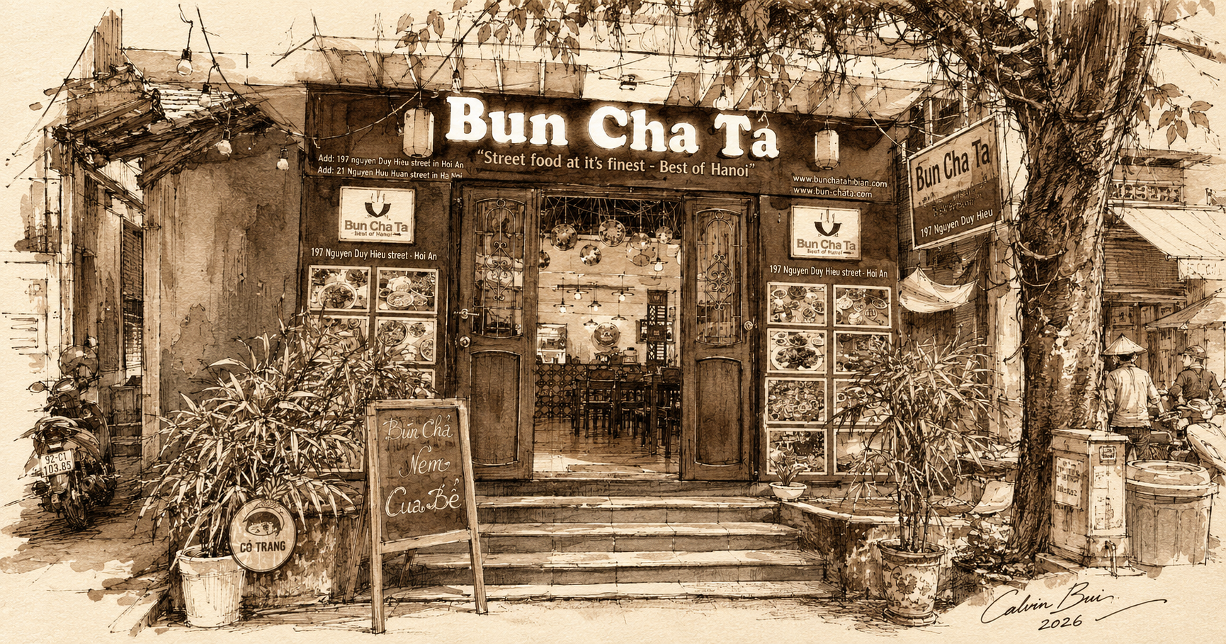 Hand-drawn sepia urban sketch of the Bun Cha Ta storefront in Hội An with entrance signage, menu boards, potted plants, street tree, scooter, and Calvin Bui 2026 artist signature.