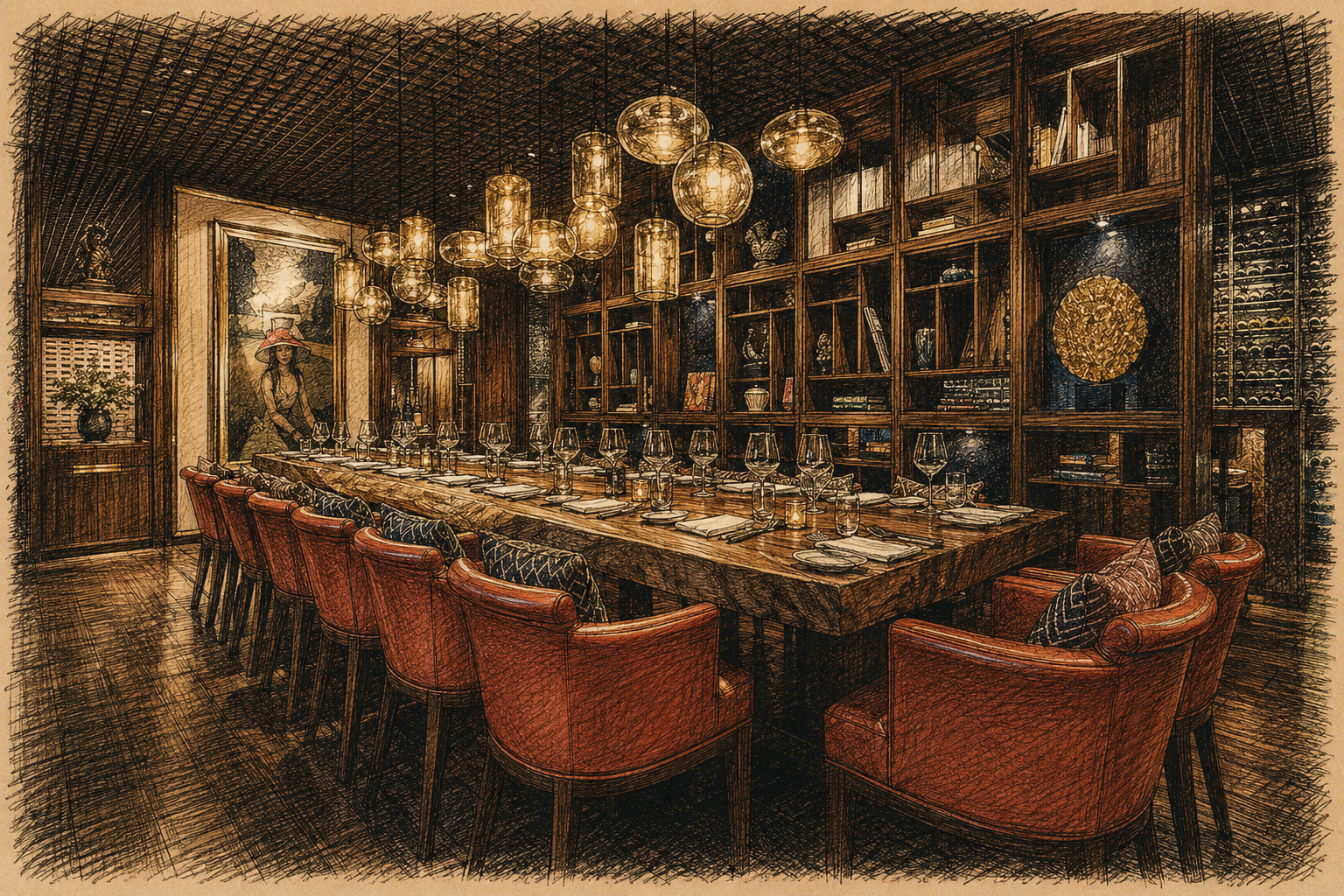 Hand-drawn editorial sketch of the Square One Cellar Room at Park Hyatt Saigon, showing the long private dining table, red leather chairs, wine wall, dark wood shelving, glowing pendant lights, and refined luxury restaurant atmosphere.