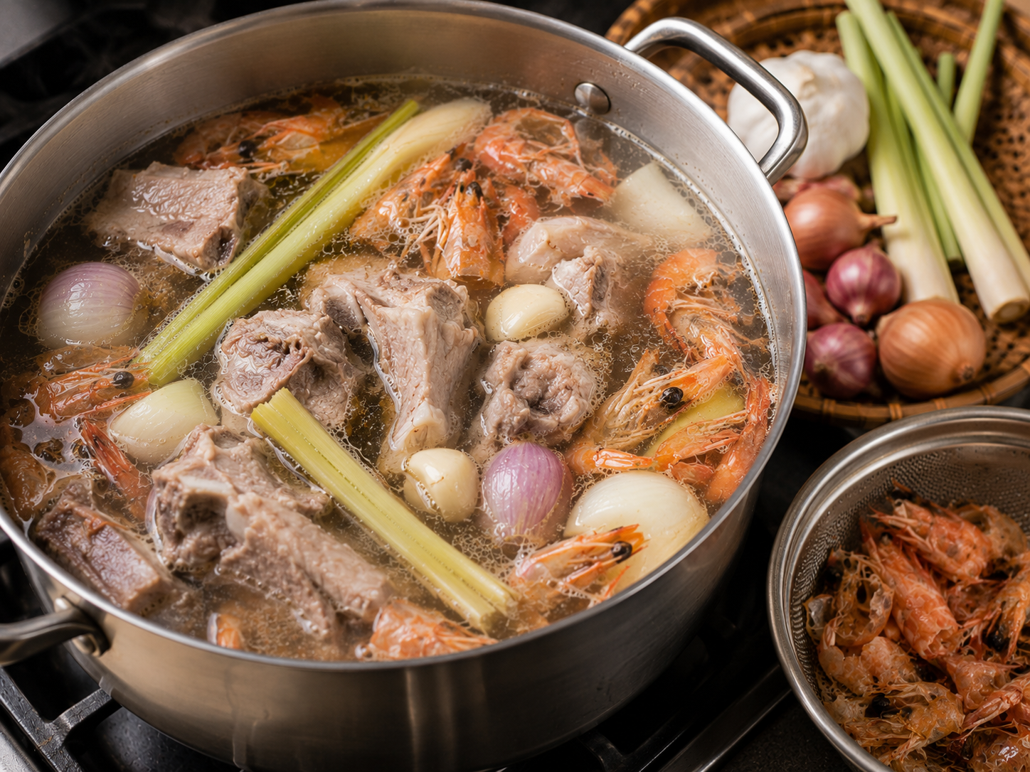 Pork bones, shrimp shells, lemongrass, shallots, onion, and garlic simmering together to build the broth for bún mắm.