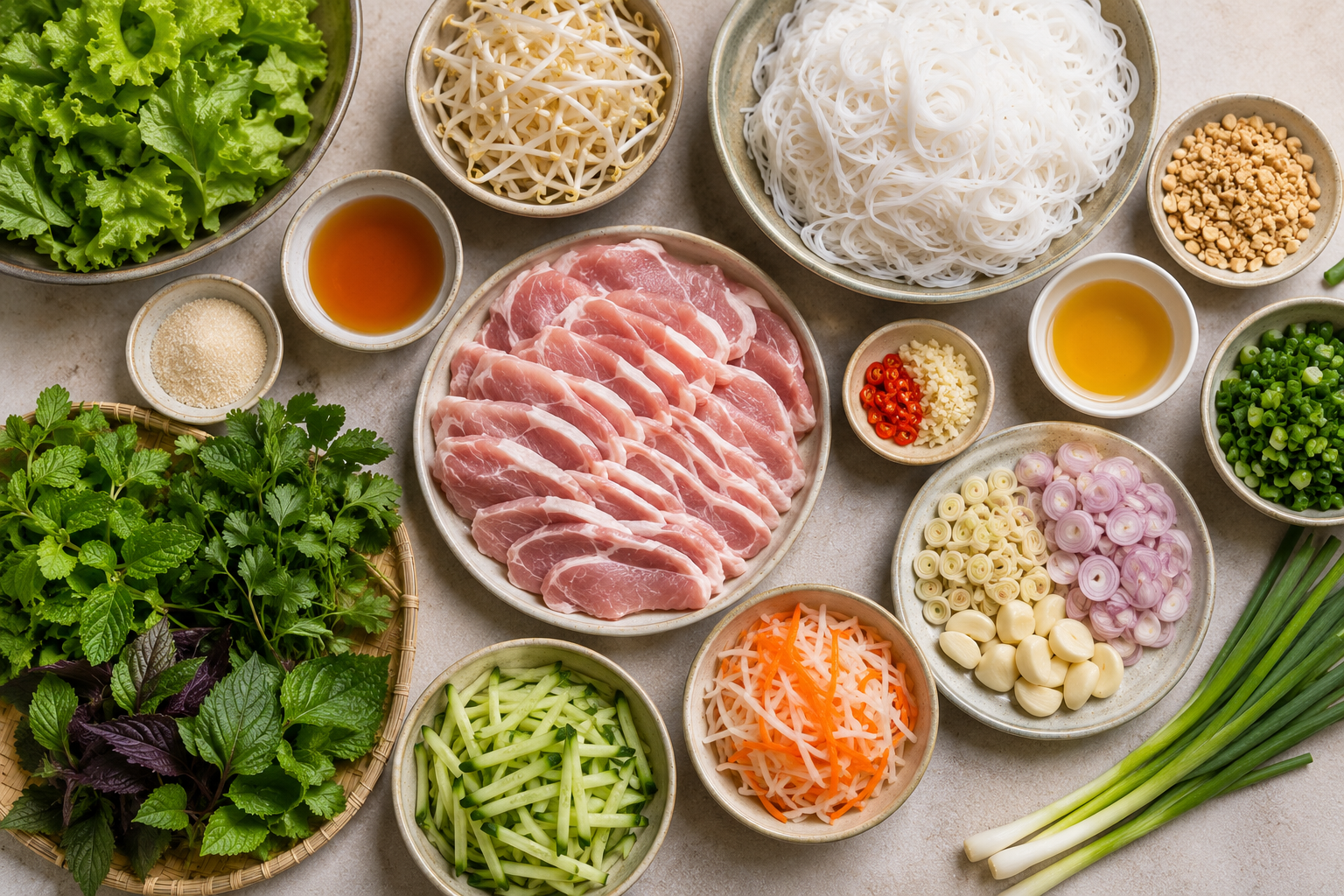 Ingredients for bún thịt nướng including sliced pork, rice vermicelli, herbs, vegetables, pickled carrot and daikon, fish sauce, garlic, shallots, lemongrass, and peanuts.
