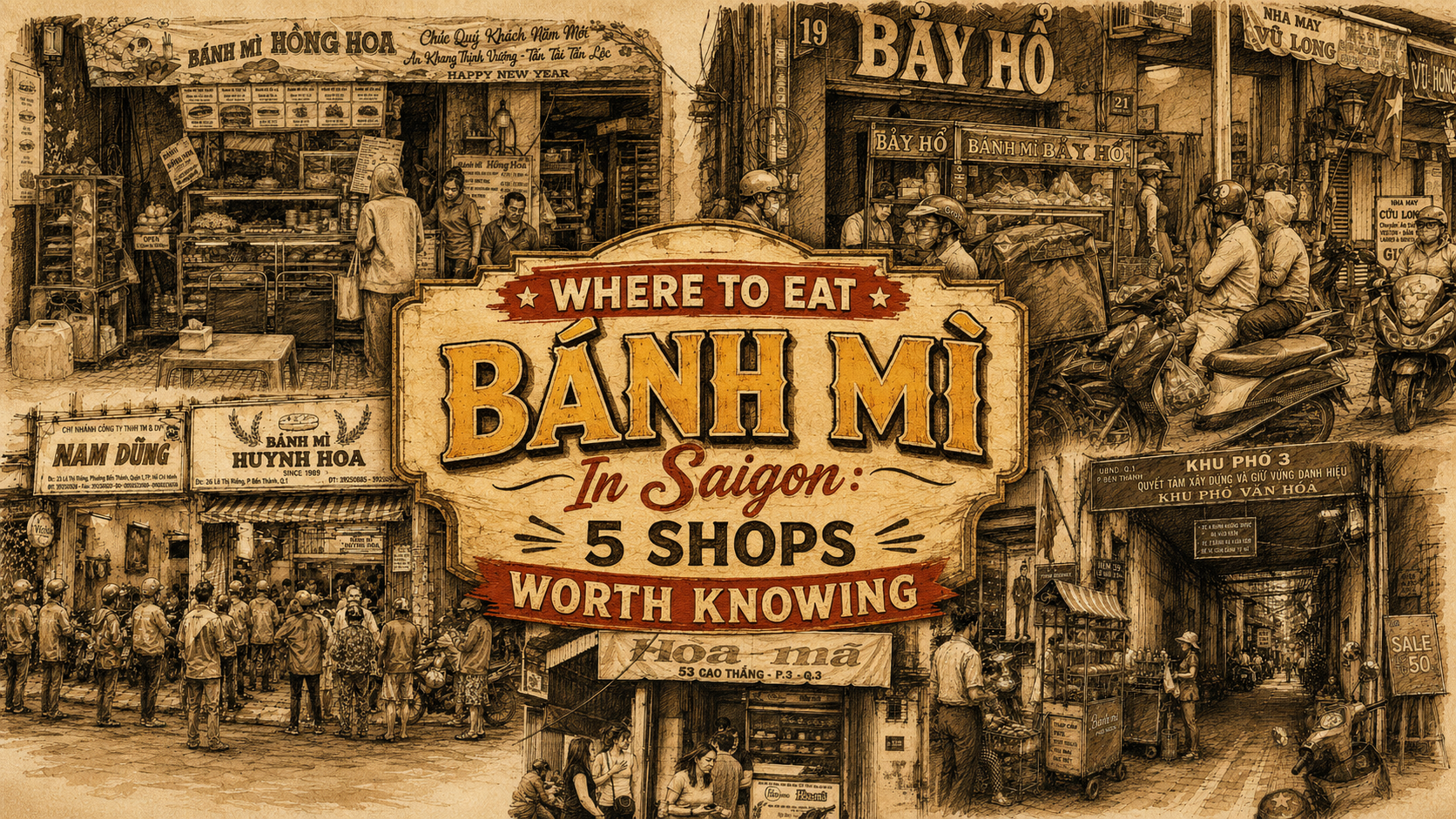 Sepia hand-drawn hero collage of five bánh mì shops in Saigon with vintage storefronts, motorbikes, street crowds, and a bold center title reading Where To Eat Bánh Mì In Saigon: 5 Shops Worth Knowing.
