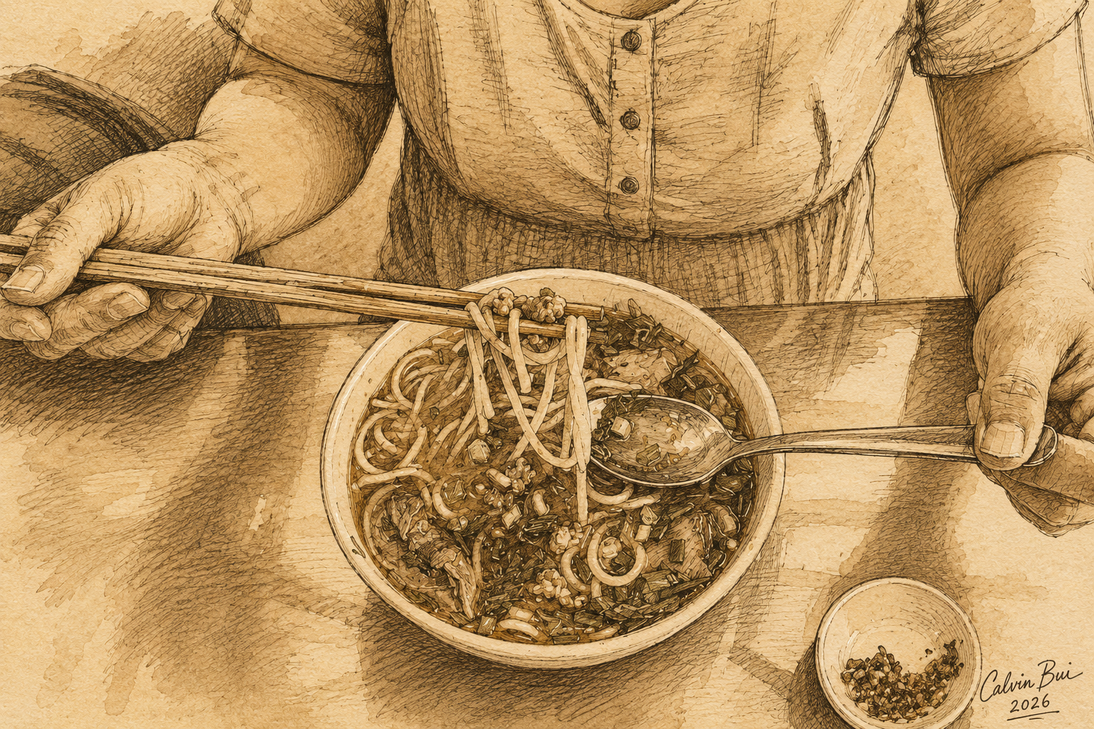 Hand-drawn sepia food sketch of a person eating bún bò Huế with chopsticks and spoon, lifting thick rice noodles from a hot bowl with herbs, beef, scallions, and chili broth, signed Calvin Bui 2026.