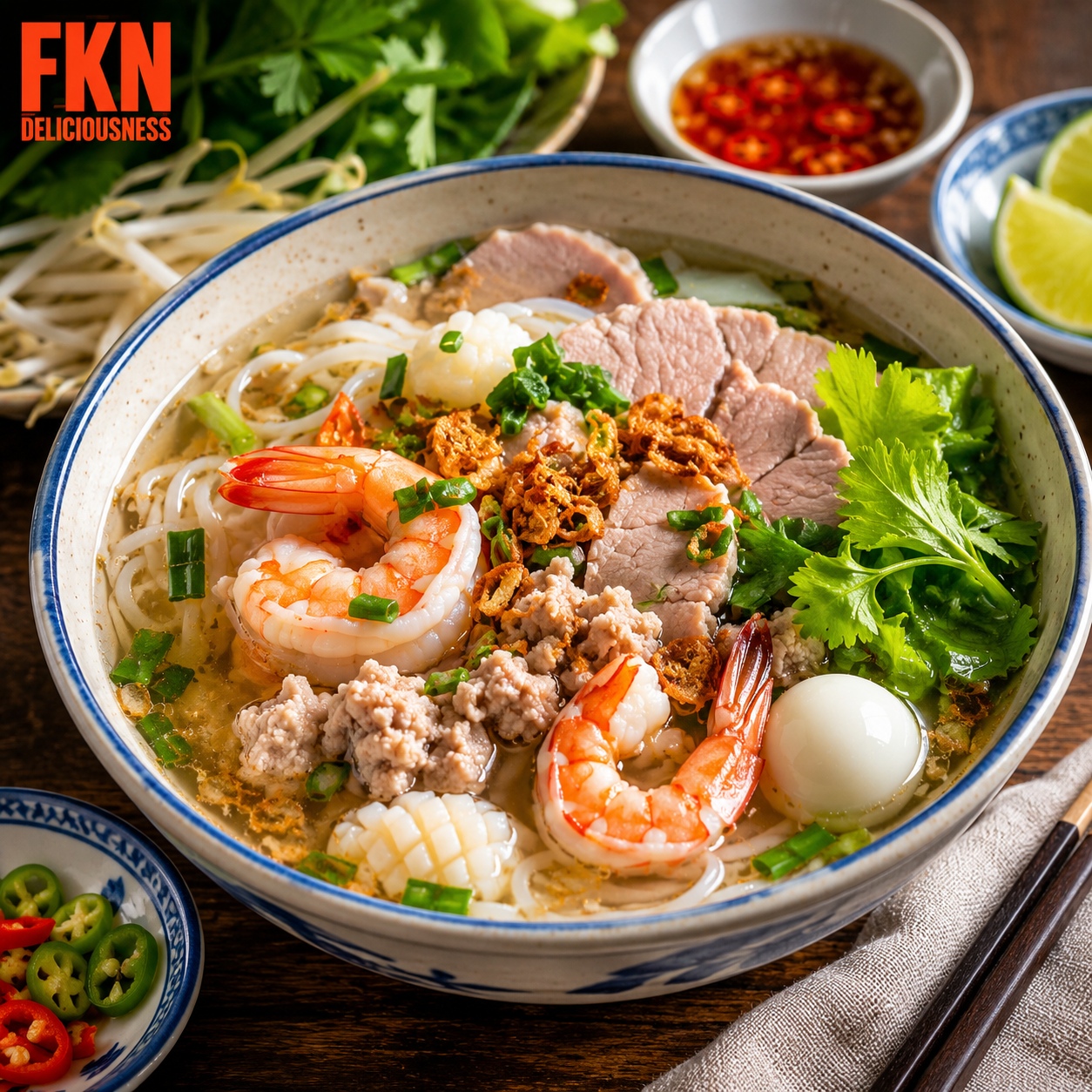Hủ Tiếu Nam Vang, a Southern Vietnamese pork and seafood noodle soup with rice noodles, shrimp, sliced pork, quail egg, herbs, fried garlic, and clear broth.