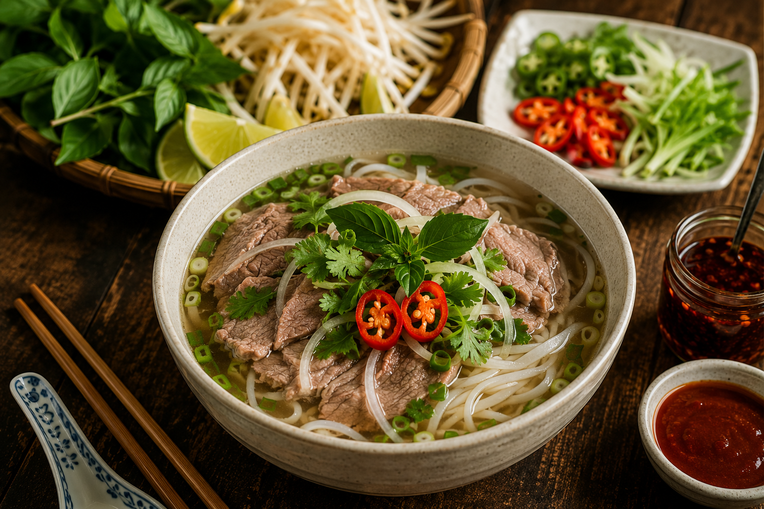 Bowl of Vietnamese phở bò with sliced beef, rice noodles, fresh herbs, bean sprouts, lime, chili, and sauces on a rustic wooden table.