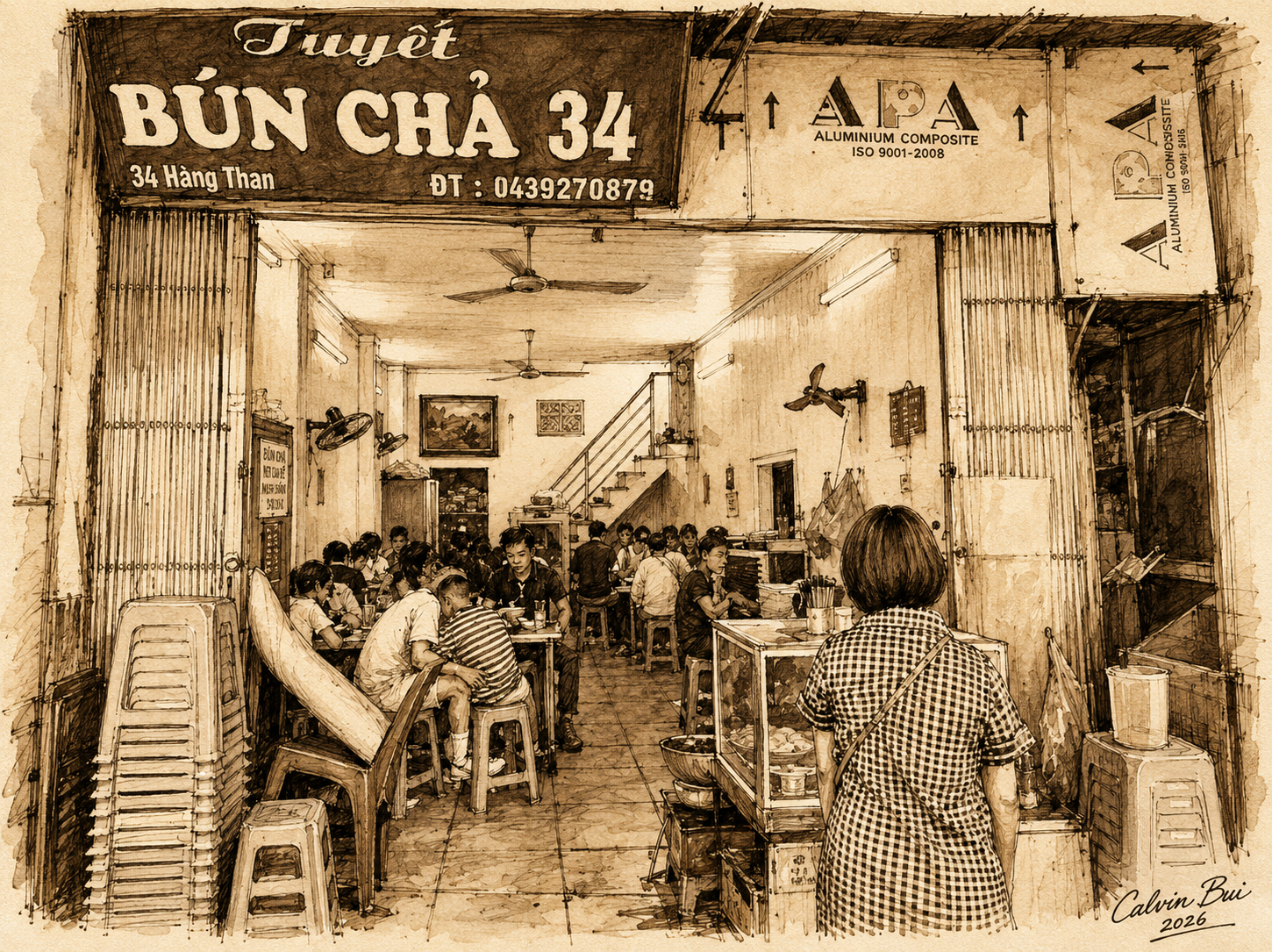 Hand-drawn sepia urban sketch of Bún Chả 34 on Hàng Than Street in Hanoi, showing the storefront, interior dining room, plastic stools, service counter, signage, and people eating inside.