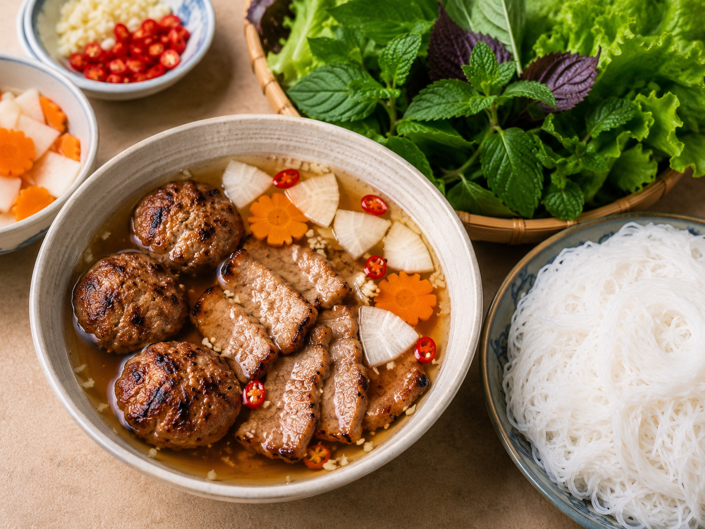 Bún chả assembled Hanoi-style with grilled pork patties and sliced pork in warm dipping sauce, sliced pickled carrot and daikon, rice noodles, and fresh herbs served separately.