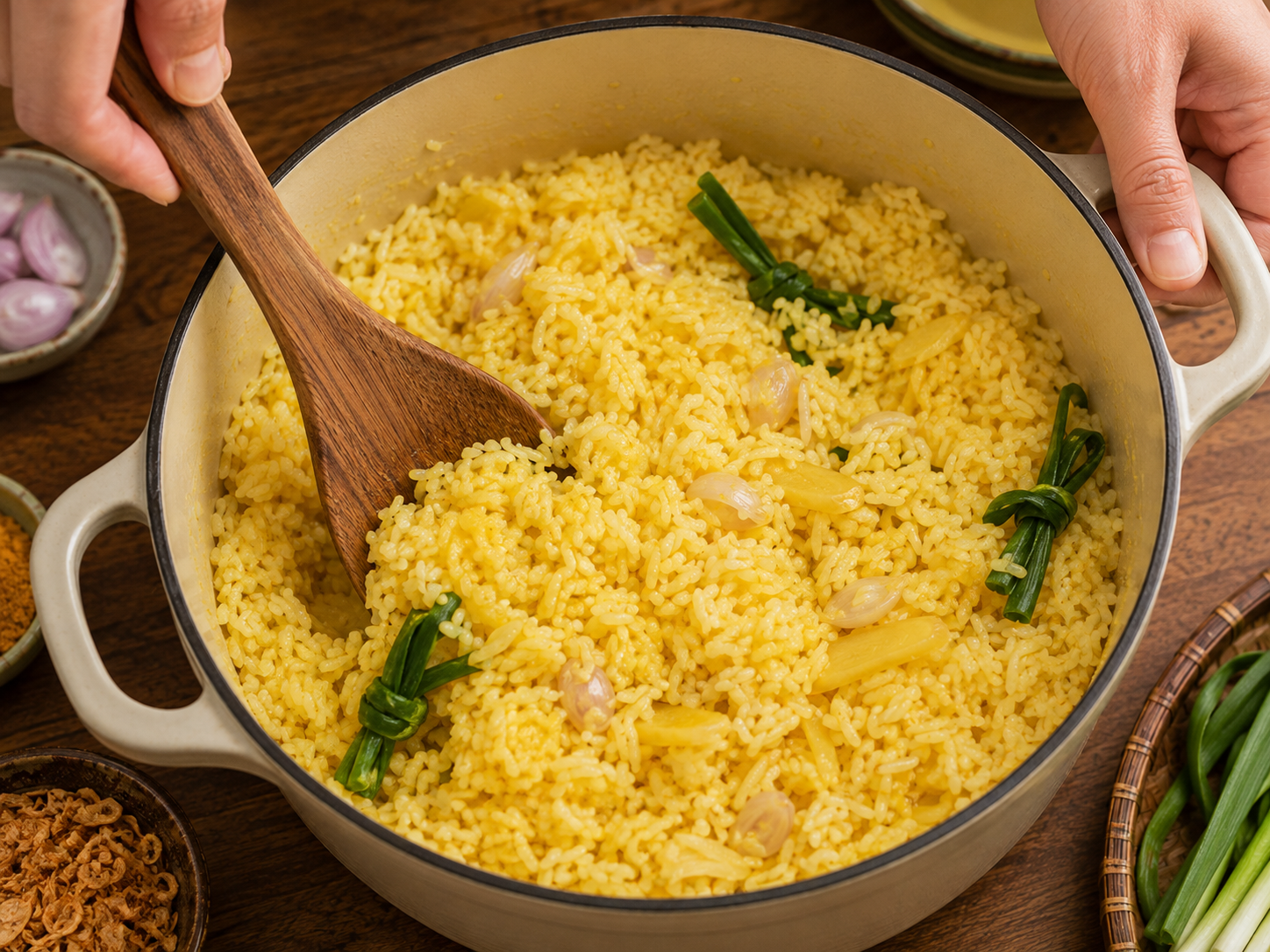 Golden rice being stirred with chicken fat, garlic, turmeric, shallots, and pandan while preparing cơm gà Hội An.