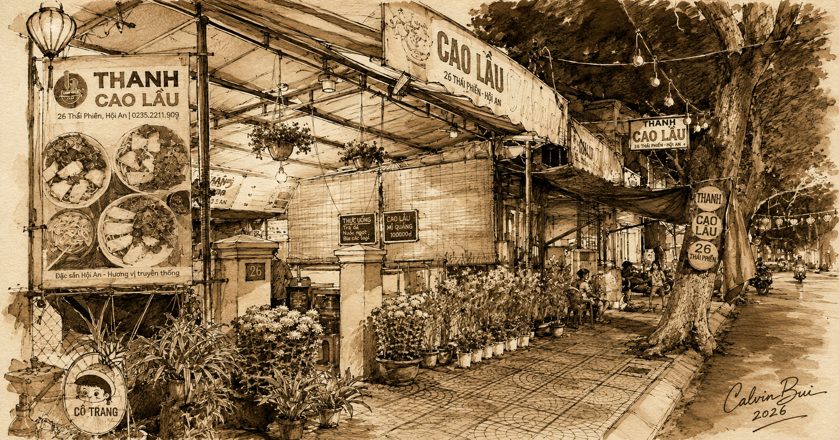Nighttime view of Cao Lầu Thanh in Hội An with restaurant signs, lanterns, sidewalk seating, potted plants, scooters, and the storefront at 26 Thái Phiên.