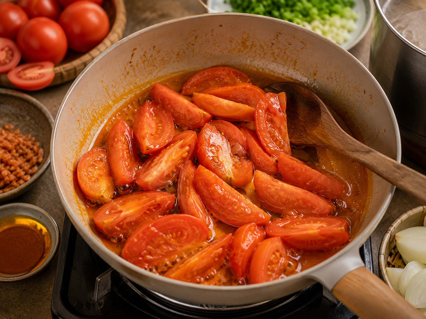 Tomato wedges simmering in orange-red annatto oil for the bún riêu broth base.