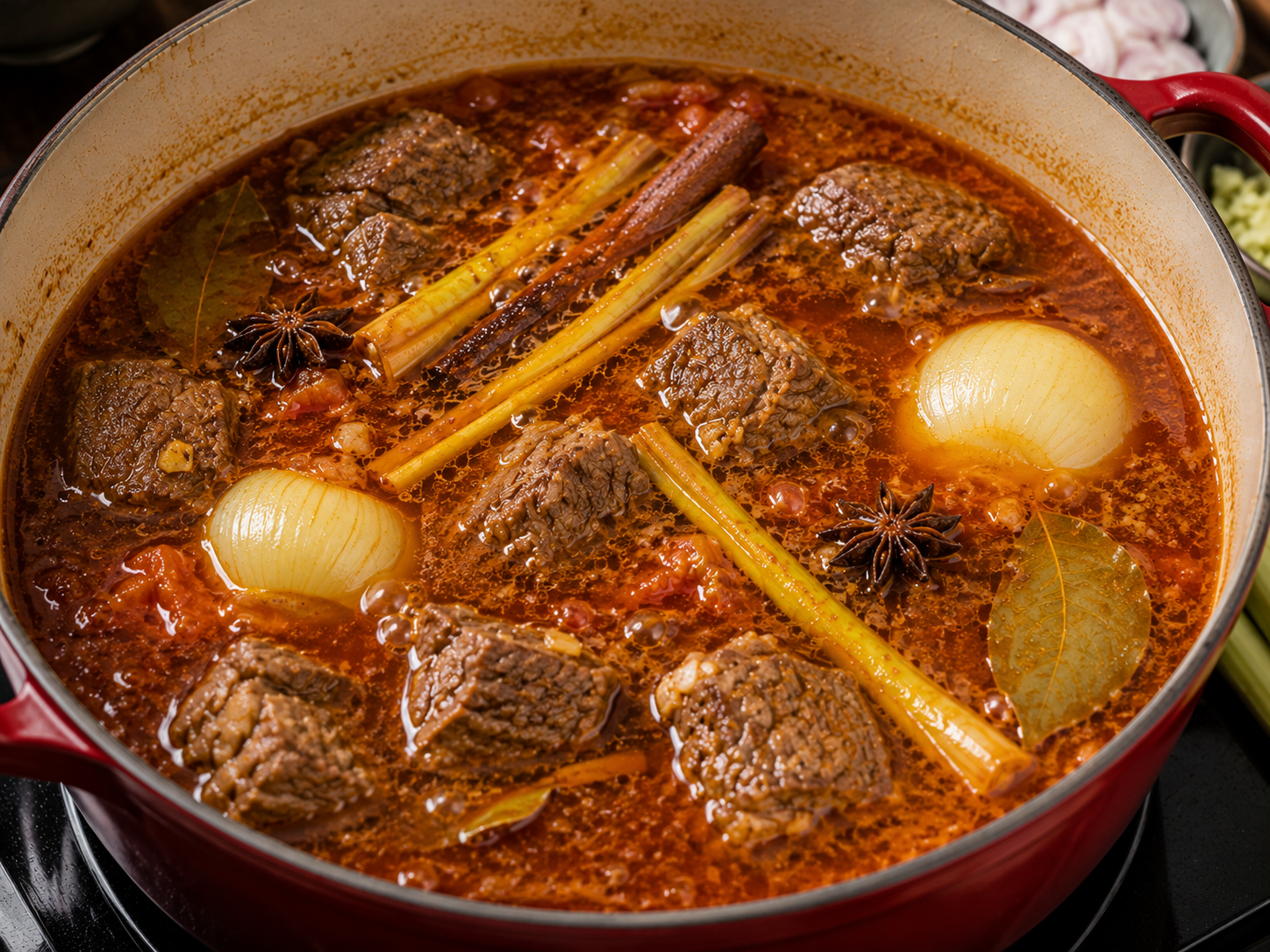 Bò kho simmering gently with beef, lemongrass, onion, star anise, cinnamon, and red-orange broth.