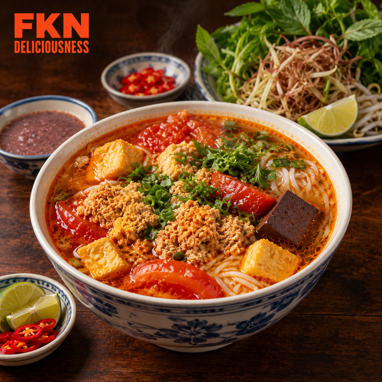 Bún riêu Vietnamese crab and tomato noodle soup with rice noodles, crab curds, fried tofu, tomato, pork blood cubes, fresh herbs, lime, and chili.