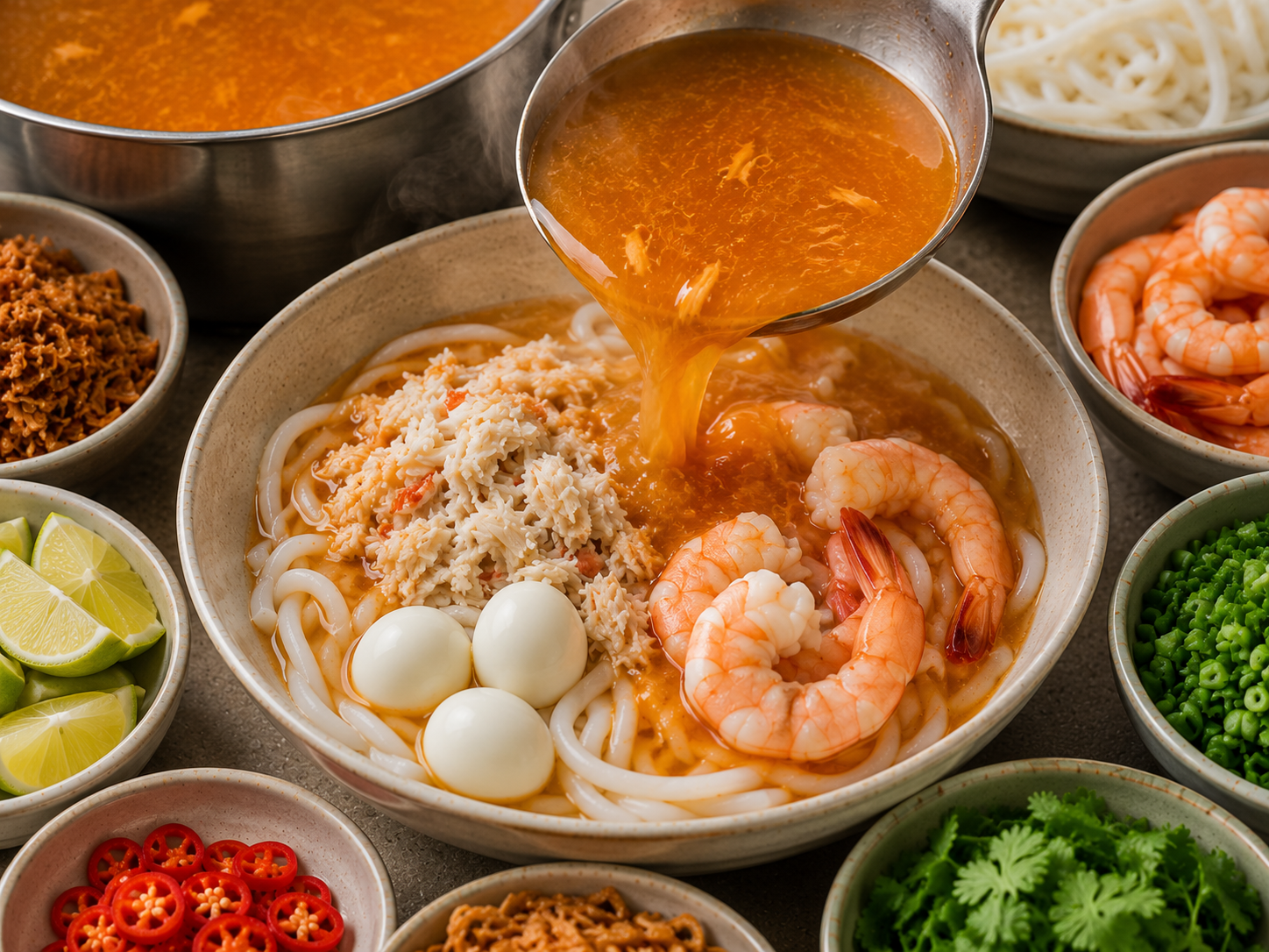 Bánh canh cua being assembled with thick tapioca noodles, crab meat, shrimp, quail eggs, and hot orange seafood broth.