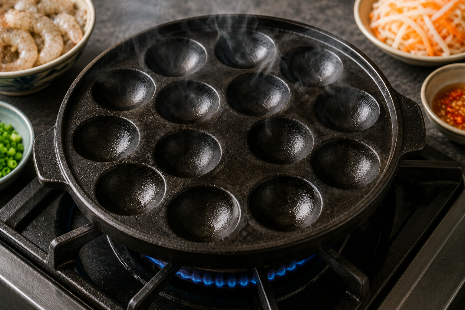 A traditional bánh khọt pan heating over a gas flame with the round wells lightly coated in oil and ready for the batter.