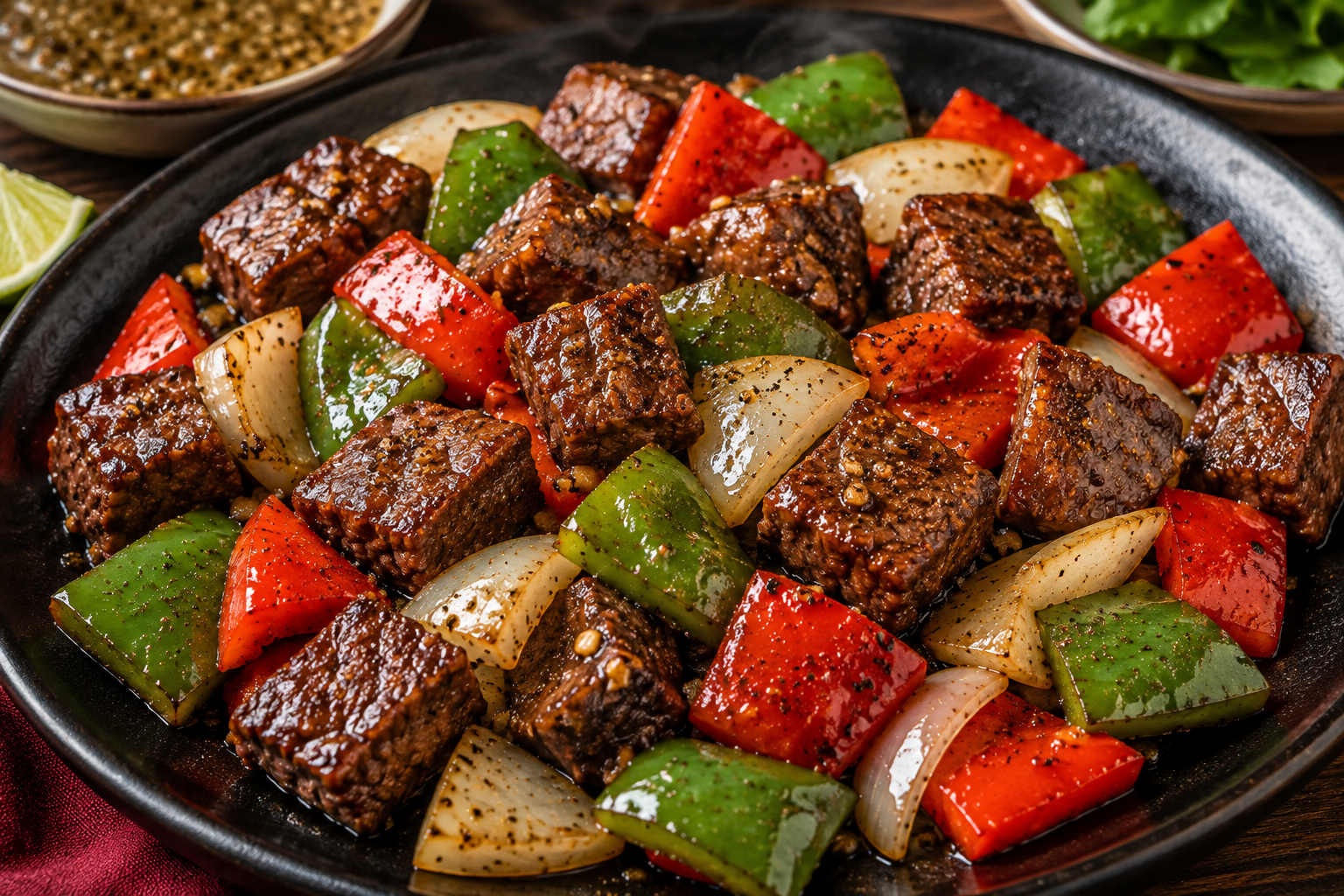 Finished bò lúc lắc with glossy seared beef cubes, red and green bell peppers, onion, black pepper, and lime pepper dipping sauce.