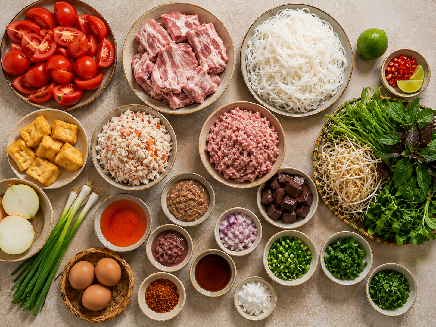 Ingredients for bún riêu arranged overhead, including tomatoes, crab, pork bones, rice vermicelli, fried tofu, herbs, eggs, dried shrimp, lime, and seasonings.