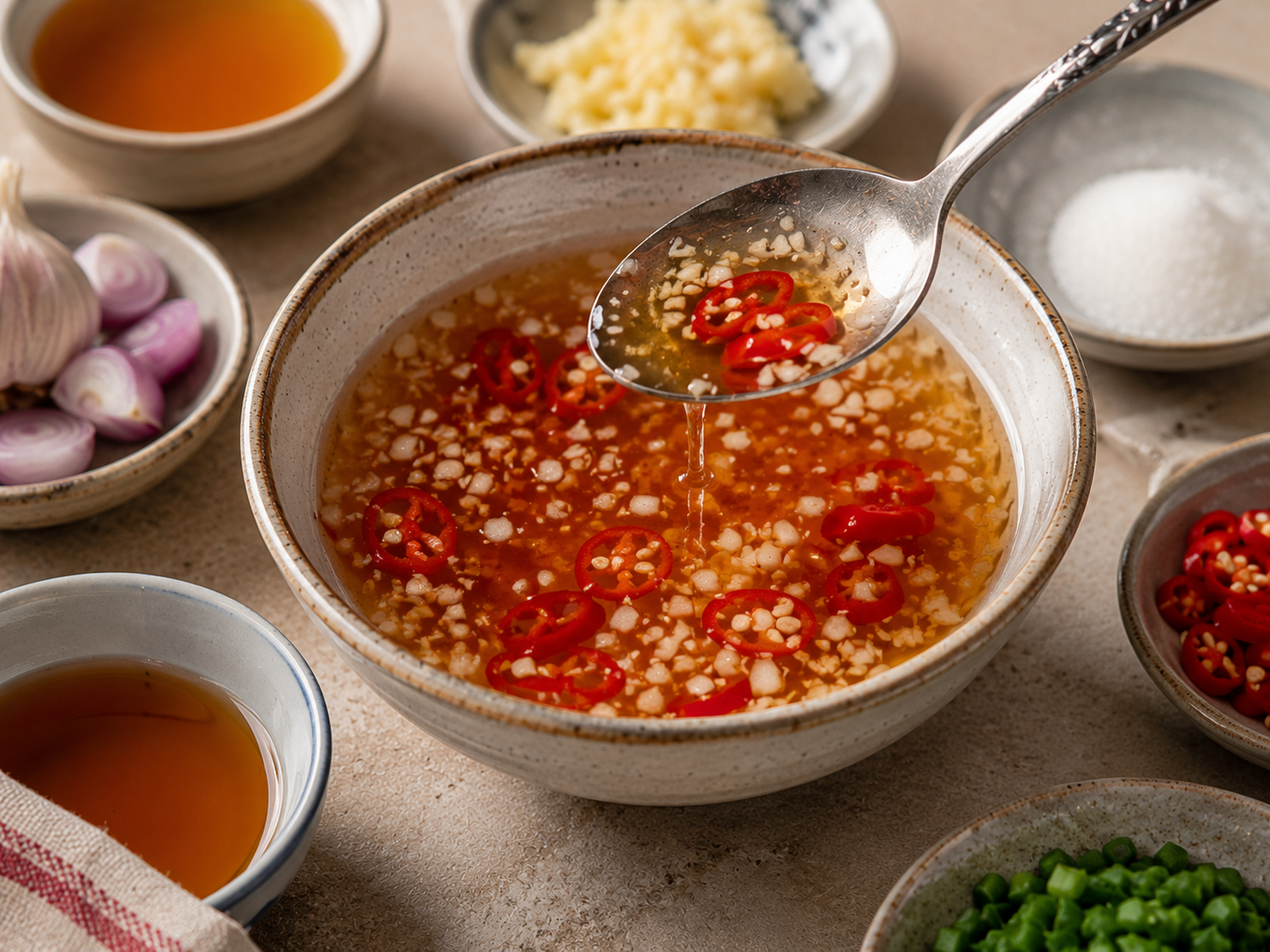 Nước chấm for bún thịt nướng with fish sauce, lime juice, garlic, chili, sugar, and warm water.