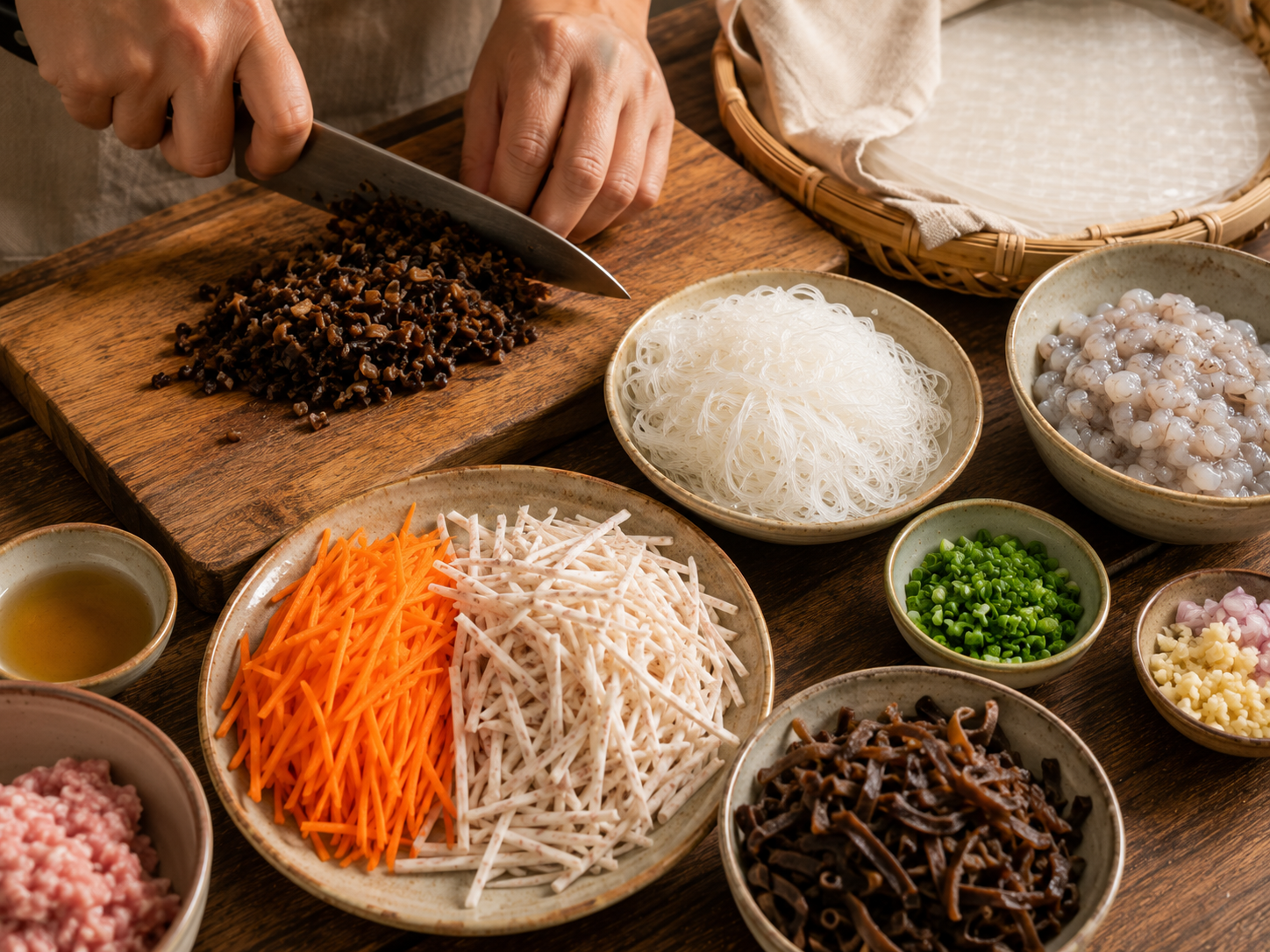 Wood ear mushrooms being finely chopped beside prepared shrimp, glass noodles, taro, and carrot for Vietnamese chả giò.