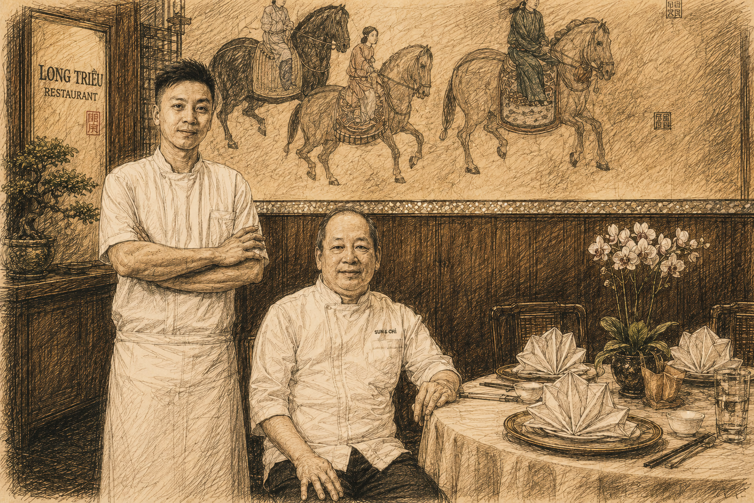 Hand-drawn editorial sketch of two Long Triều chefs inside The Reverie Saigon, with a golden horse mural, warm wood paneling, yellow tablecloth, folded white napkins, orchid centerpiece, and refined Cantonese dining atmosphere.