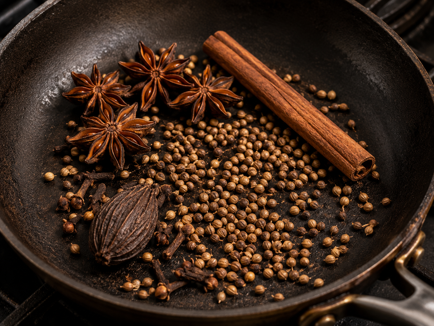 Star anise, cinnamon, cloves, coriander seeds, and black cardamom toasted in a dark skillet for phở bò broth.