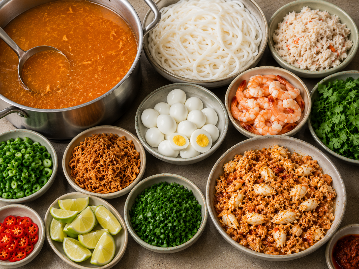 Bánh canh cua assembly setup with hot orange broth, thick noodles, crab meat, shrimp, quail eggs, herbs, lime, chili, and fried shallots ready for serving.