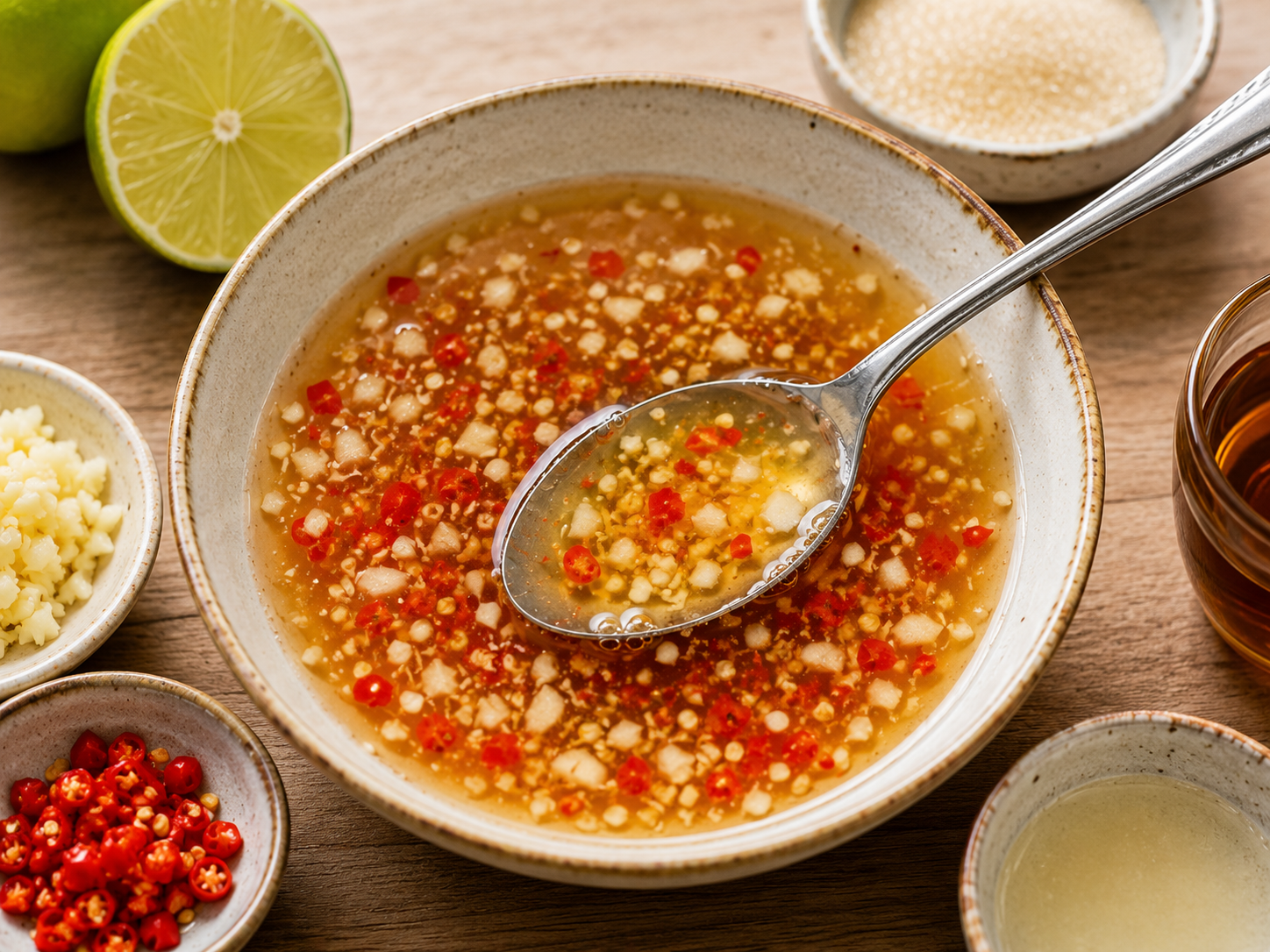 Fish sauce dressing for gỏi gà bắp cải mixed with lime juice, sugar, minced garlic, and red chili.