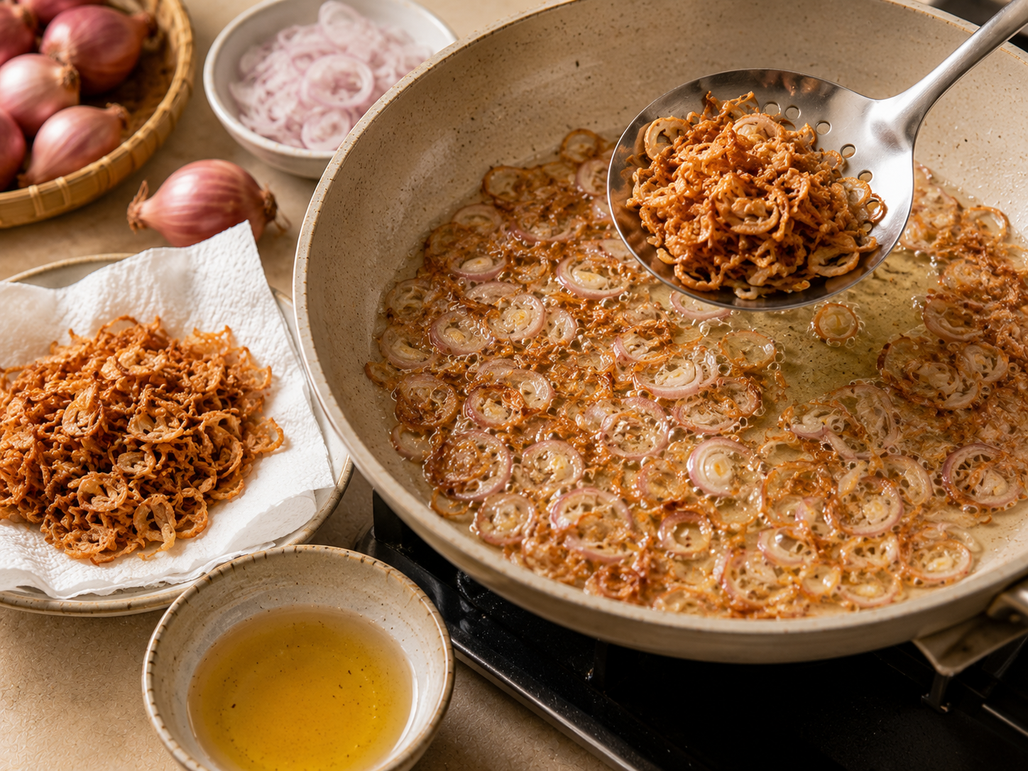 Thinly sliced shallots frying in oil until golden and crisp for bánh cuốn Vietnamese steamed rice rolls.
