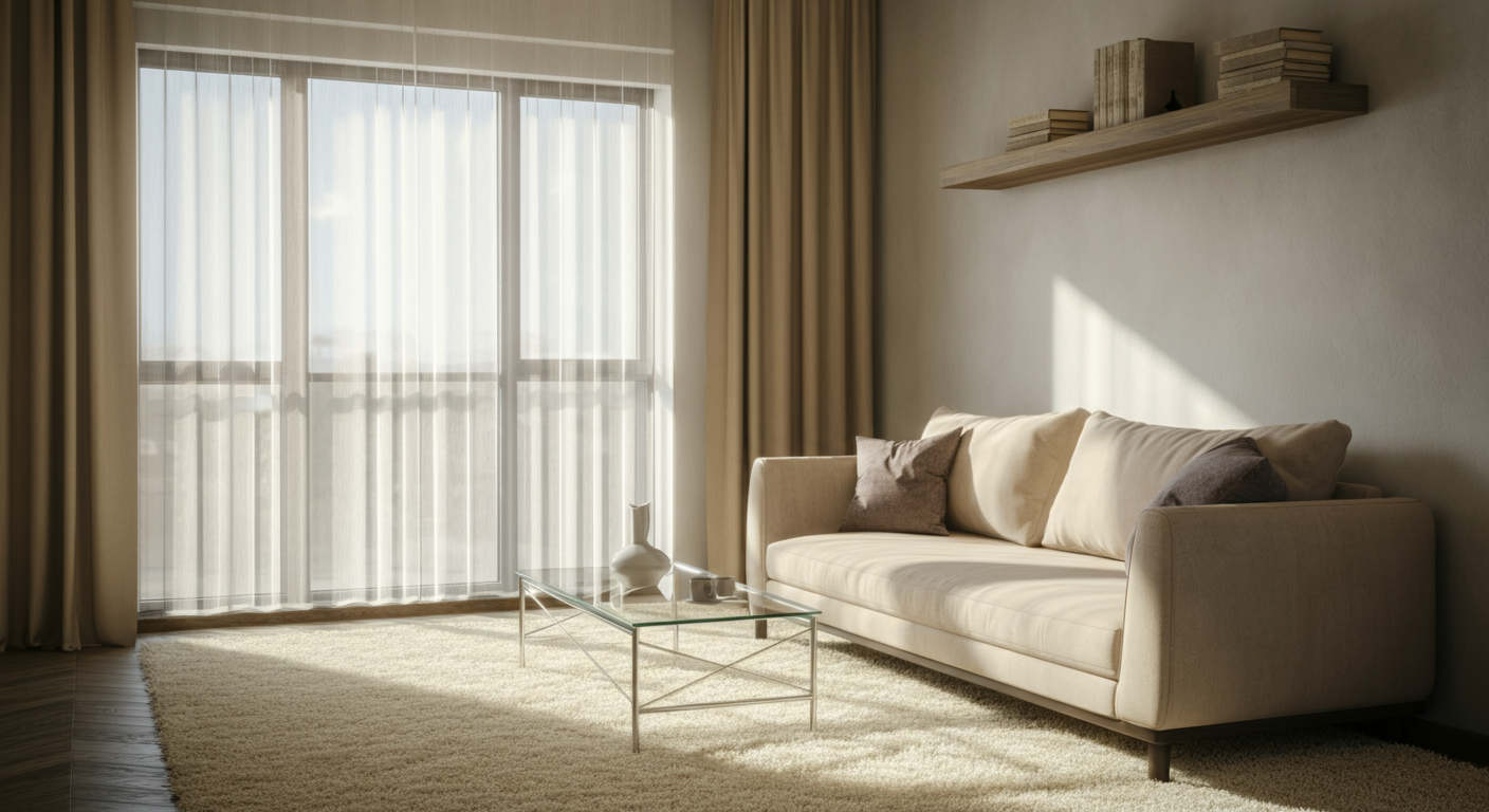 Living room with a large window, sheer curtains, a beige sofa with pillows, a glass coffee table with decorative items, a plush rug, and a wooden shelf with books on the wall