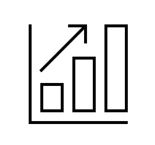 A bar chart with three vertical bars of increasing height and an upward-pointing arrow indicating growth or increase.
