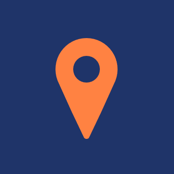 An orange location pin icon on a dark blue background.