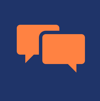 Two orange speech bubbles on a dark blue background.