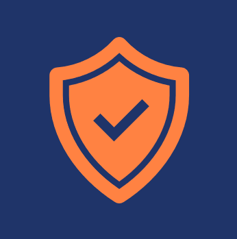 An orange shield with a checkmark in the center on a dark blue background.