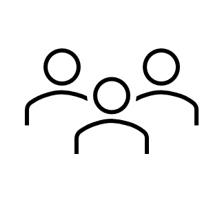 Simple black-and-white icon of three people, representing a group or team.