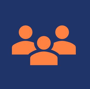 Icon of three orange human figures on a dark blue background, representing a group or team.