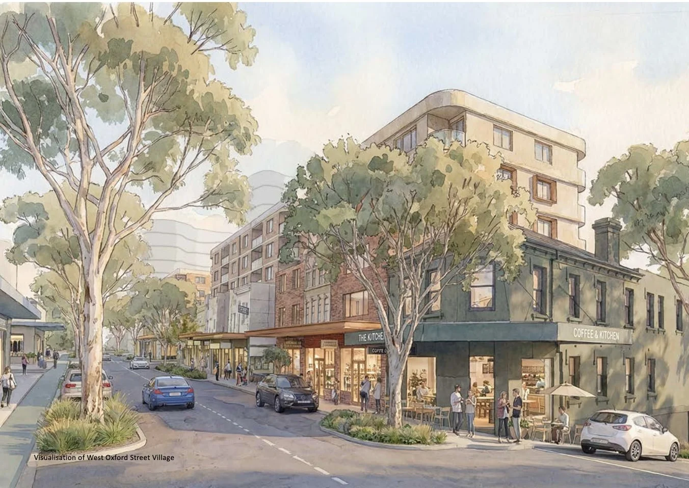 Watercolor illustration of West Oxford Street Village with trees lining the street, parked cars, and cafes with outdoor seating. People are walking and socializing outside the shops and cafes.